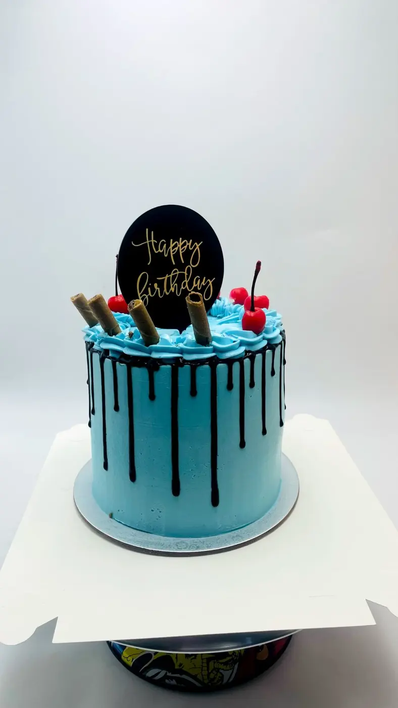 Sky blue chocolate drip birthday cake 🍒