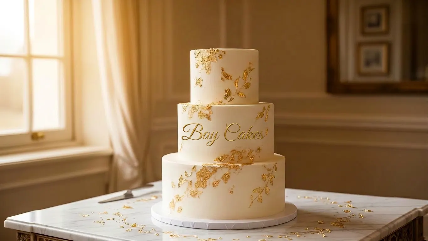Three-tier luxury ivory wedding cake with delicate gold leaf accents